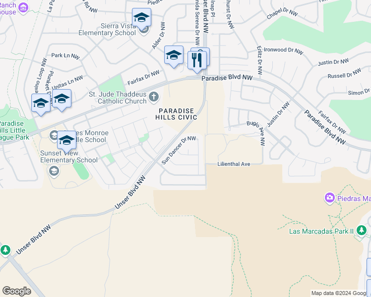 map of restaurants, bars, coffee shops, grocery stores, and more near 9609 Red River Court Northwest in Albuquerque