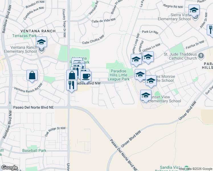 map of restaurants, bars, coffee shops, grocery stores, and more near 9740 Calle Chamisa Northwest in Albuquerque