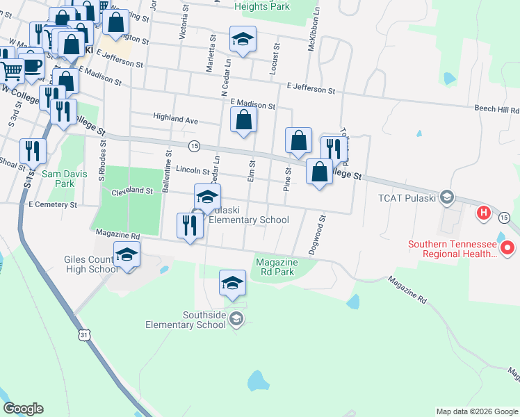 map of restaurants, bars, coffee shops, grocery stores, and more near 516 South Ingram Street in Pulaski