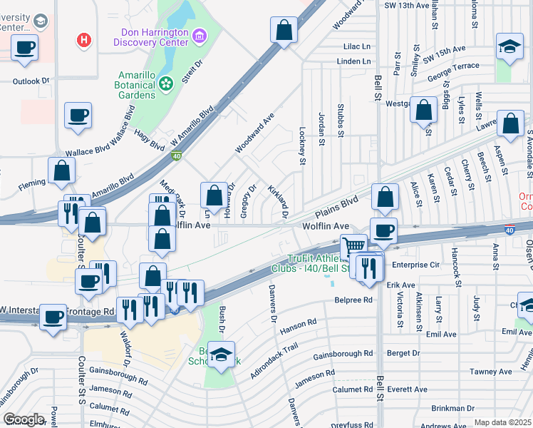 map of restaurants, bars, coffee shops, grocery stores, and more near 1919 Wisdom Drive in Amarillo