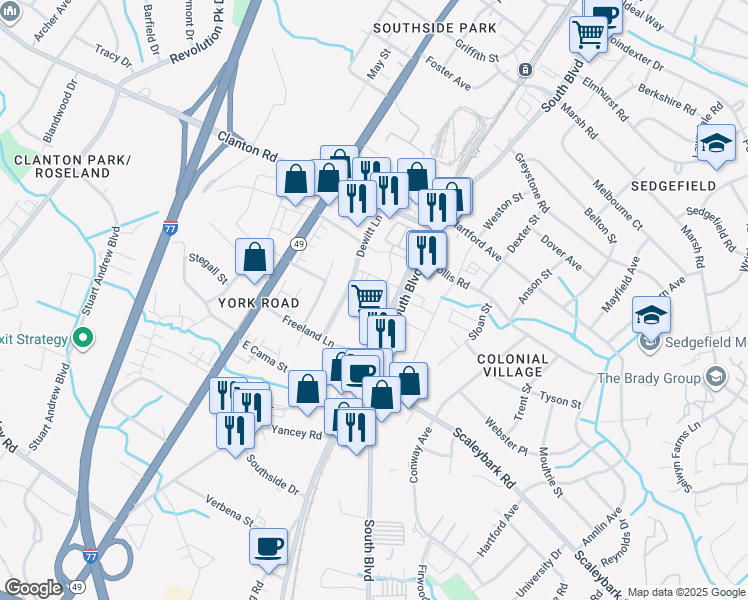 map of restaurants, bars, coffee shops, grocery stores, and more near 4015 Craft Street in Charlotte