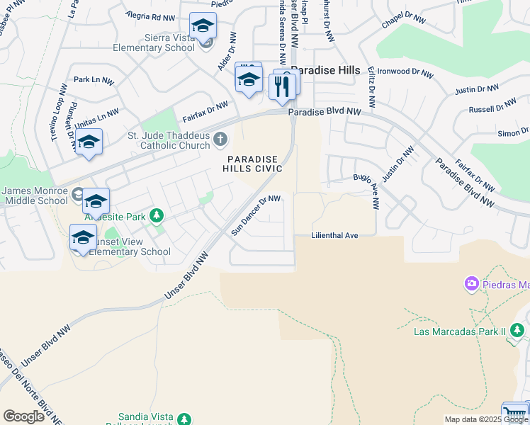 map of restaurants, bars, coffee shops, grocery stores, and more near 9609 Red River Court Northwest in Albuquerque