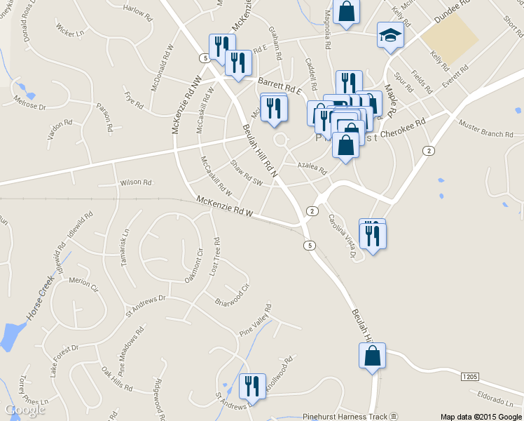map of restaurants, bars, coffee shops, grocery stores, and more near 80 Ritter Road West in Pinehurst
