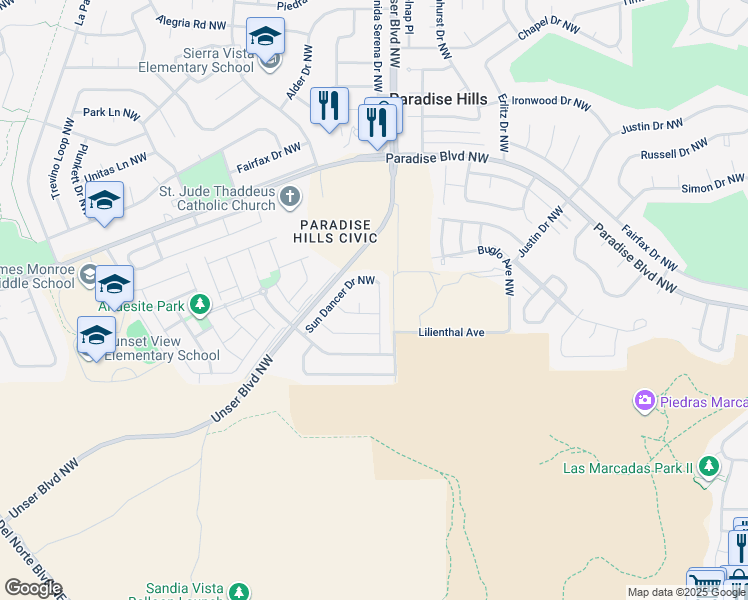 map of restaurants, bars, coffee shops, grocery stores, and more near 9601 Jacks Creek Drive Northwest in Albuquerque