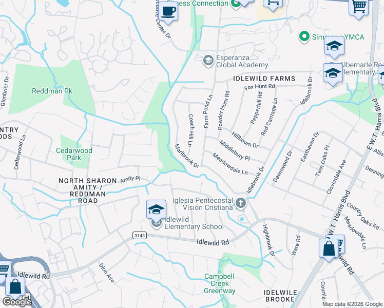 map of restaurants, bars, coffee shops, grocery stores, and more near 7200 Marlbrook Drive in Charlotte