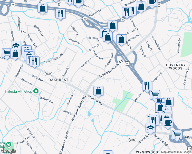 map of restaurants, bars, coffee shops, grocery stores, and more near in Charlotte