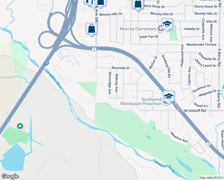 map of restaurants, bars, coffee shops, grocery stores, and more near 2803 Shoreridge Avenue in Norman