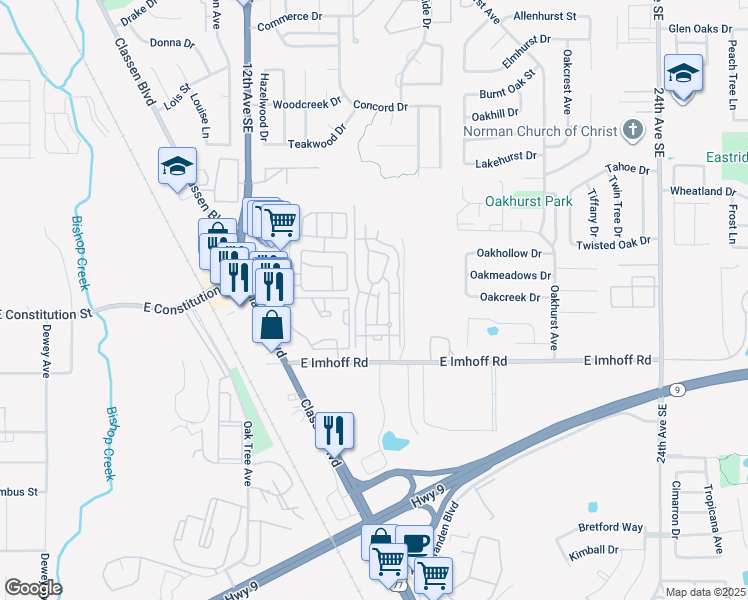 map of restaurants, bars, coffee shops, grocery stores, and more near 1601 East Imhoff Road in Norman