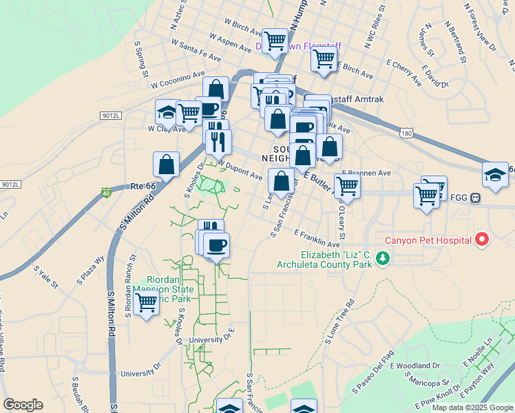 map of restaurants, bars, coffee shops, grocery stores, and more near 506 S Beaver St in Flagstaff