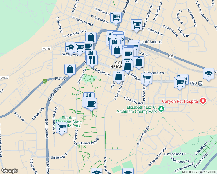 map of restaurants, bars, coffee shops, grocery stores, and more near 506 North Beaver Street in Flagstaff