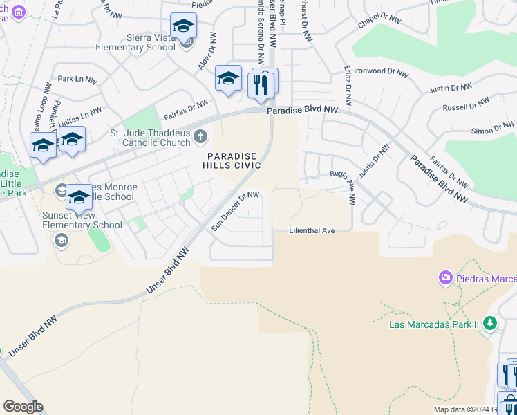 map of restaurants, bars, coffee shops, grocery stores, and more near 9615 Jacks Creek Drive Northwest in Albuquerque