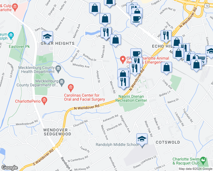 map of restaurants, bars, coffee shops, grocery stores, and more near 738 Billingsley Road in Charlotte