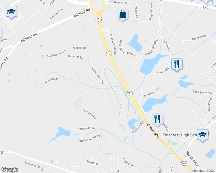 map of restaurants, bars, coffee shops, grocery stores, and more near 155 Hearthstone Road in Pinehurst