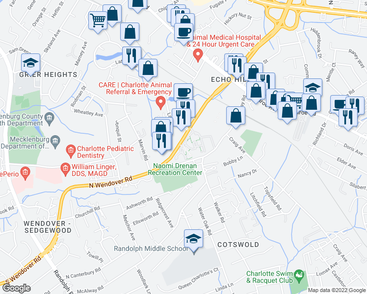 map of restaurants, bars, coffee shops, grocery stores, and more near 920 North Wendover Road in Charlotte