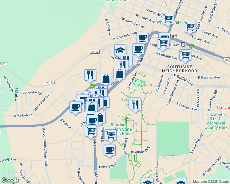 map of restaurants, bars, coffee shops, grocery stores, and more near 706 South Milton Road in Flagstaff