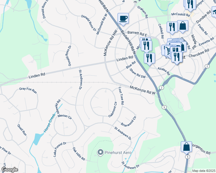 map of restaurants, bars, coffee shops, grocery stores, and more near 370 Oakmont Circle in Pinehurst
