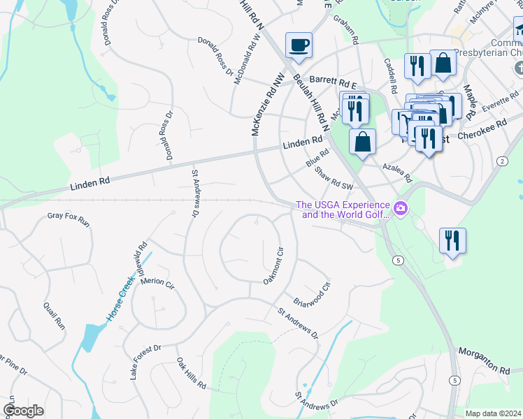 map of restaurants, bars, coffee shops, grocery stores, and more near 370 Oakmont Circle in Pinehurst