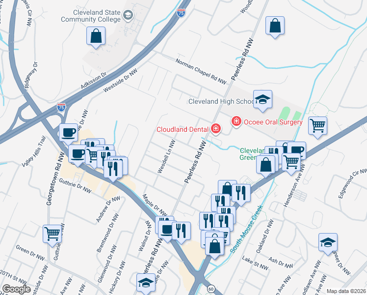 map of restaurants, bars, coffee shops, grocery stores, and more near 1110 Greenridge Drive in Cleveland