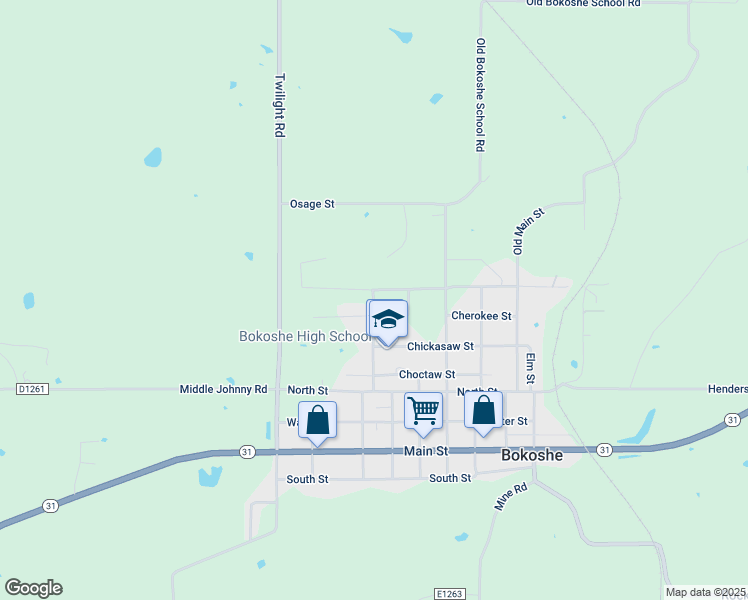 map of restaurants, bars, coffee shops, grocery stores, and more near 22766 Kentucky Street in Bokoshe