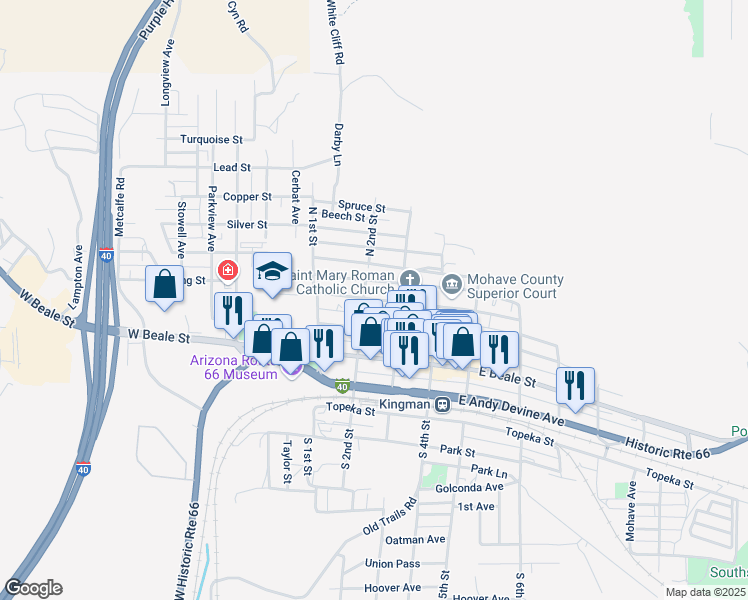 map of restaurants, bars, coffee shops, grocery stores, and more near 226 Spring Street in Kingman