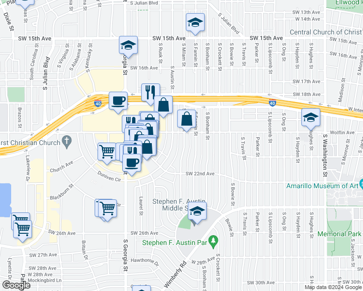 map of restaurants, bars, coffee shops, grocery stores, and more near 2026 South Austin Street in Amarillo