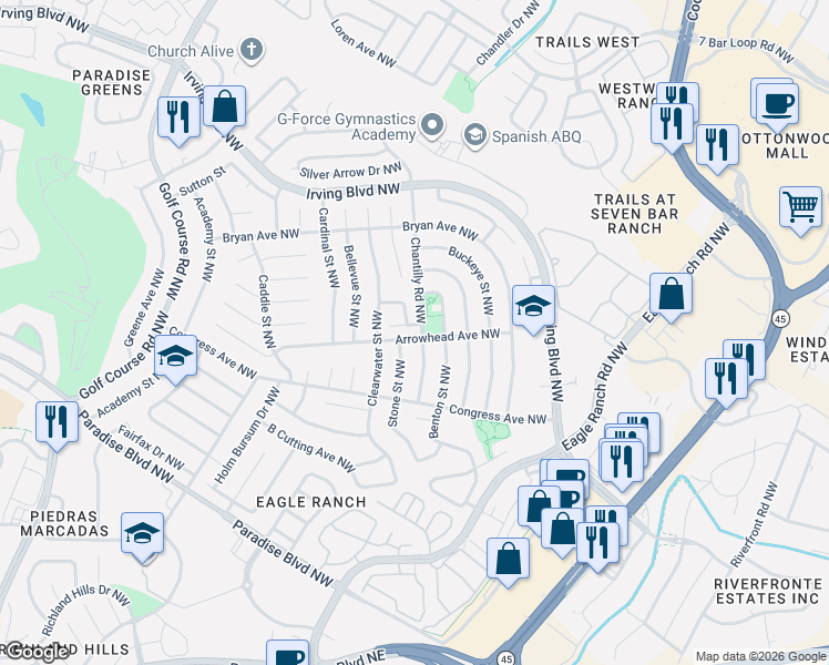 map of restaurants, bars, coffee shops, grocery stores, and more near 9832 Stone Street Northwest in Albuquerque