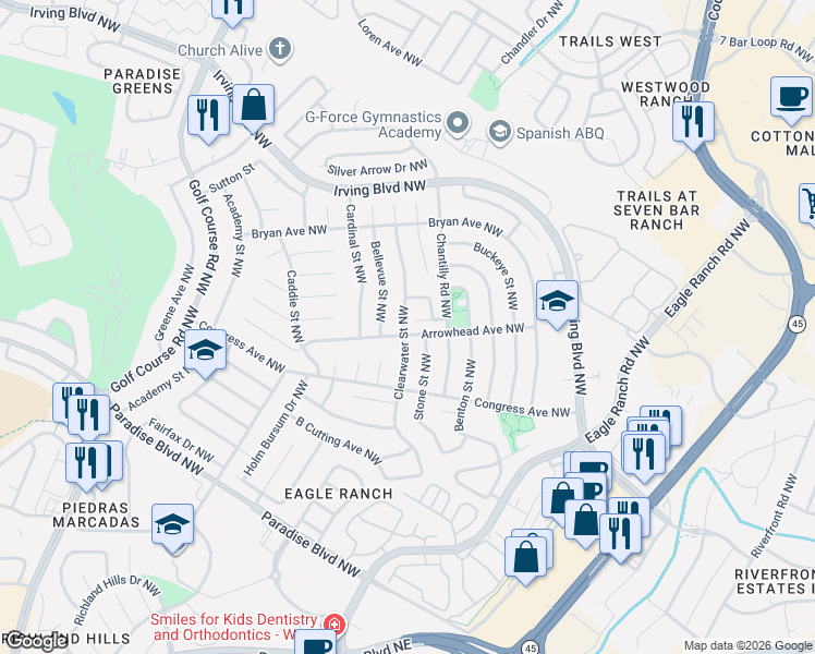 map of restaurants, bars, coffee shops, grocery stores, and more near 9829 Clearwater Street Northwest in Albuquerque