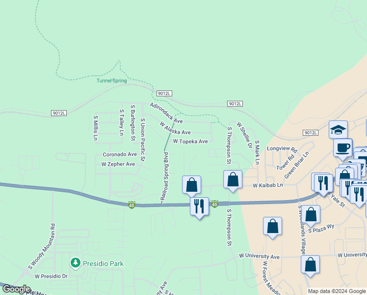 map of restaurants, bars, coffee shops, grocery stores, and more near 2224 West Shortline Court in Flagstaff