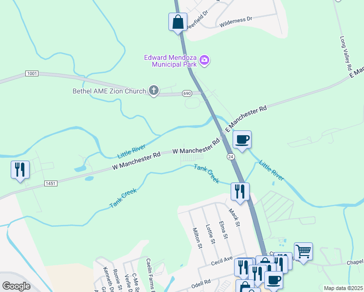 map of restaurants, bars, coffee shops, grocery stores, and more near 232 West Manchester Road in Spring Lake