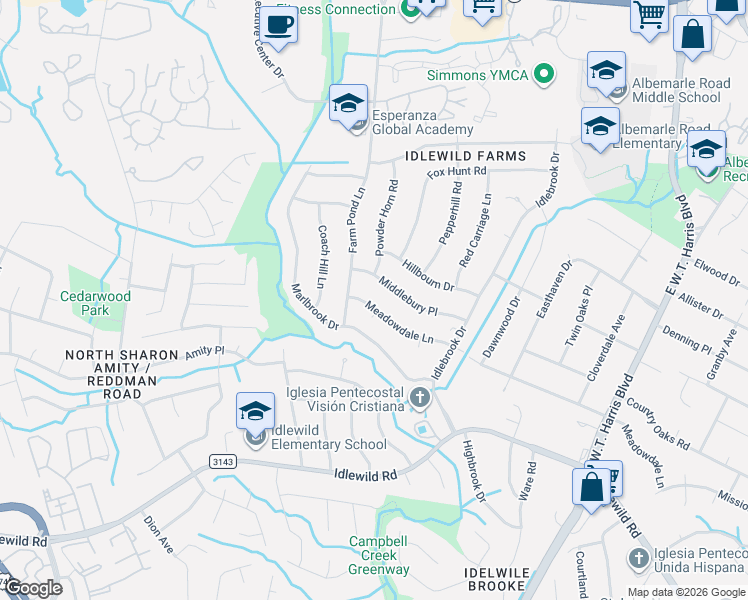 map of restaurants, bars, coffee shops, grocery stores, and more near 7335 Meadowdale Lane in Charlotte