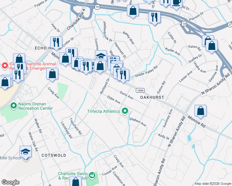 map of restaurants, bars, coffee shops, grocery stores, and more near 4735 Elder Avenue in Charlotte