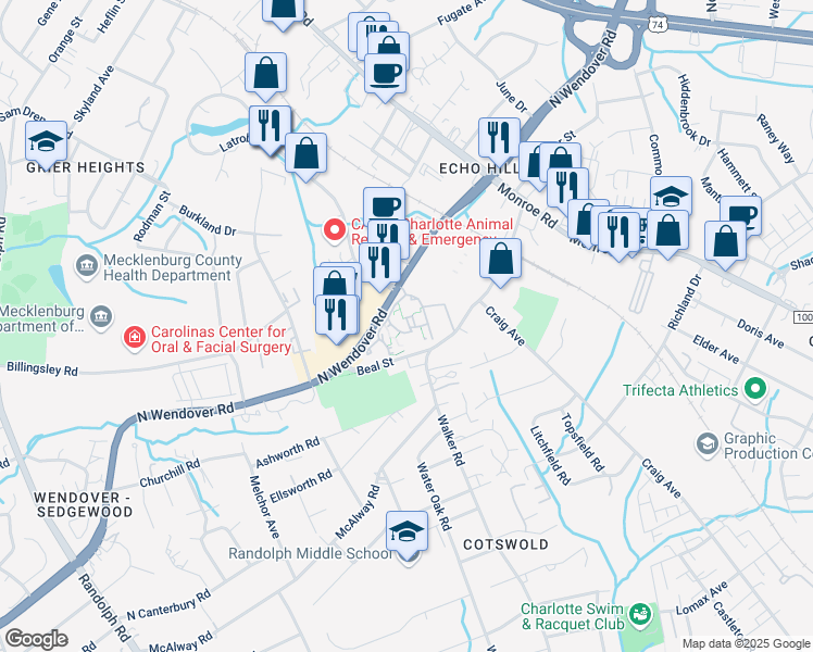 map of restaurants, bars, coffee shops, grocery stores, and more near 928 North Wendover Road in Charlotte