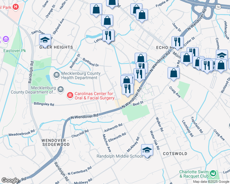 map of restaurants, bars, coffee shops, grocery stores, and more near in Charlotte