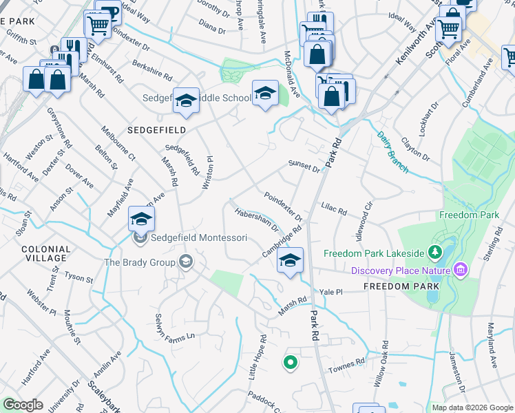 map of restaurants, bars, coffee shops, grocery stores, and more near 1001 Habersham Drive in Charlotte