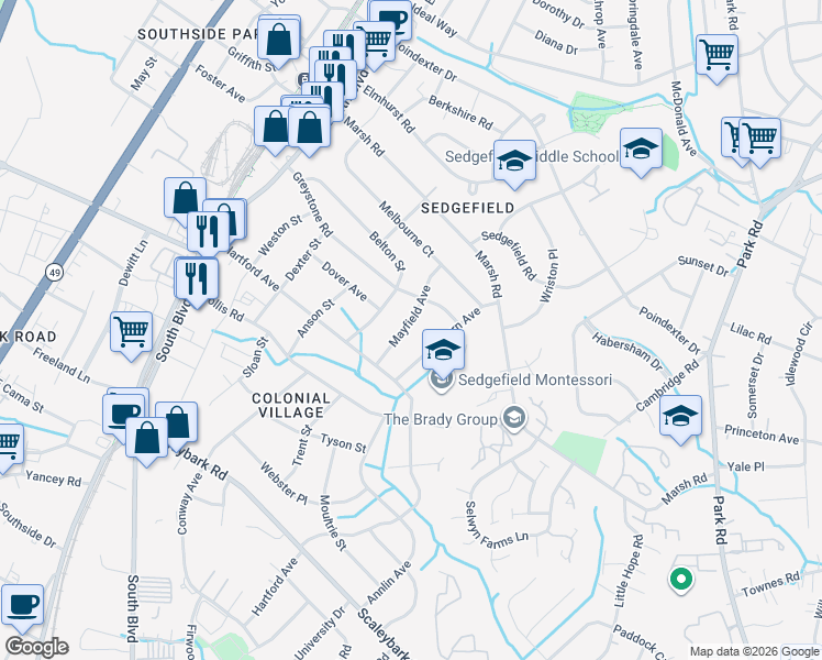 map of restaurants, bars, coffee shops, grocery stores, and more near 3301 Mayfield Avenue in Charlotte