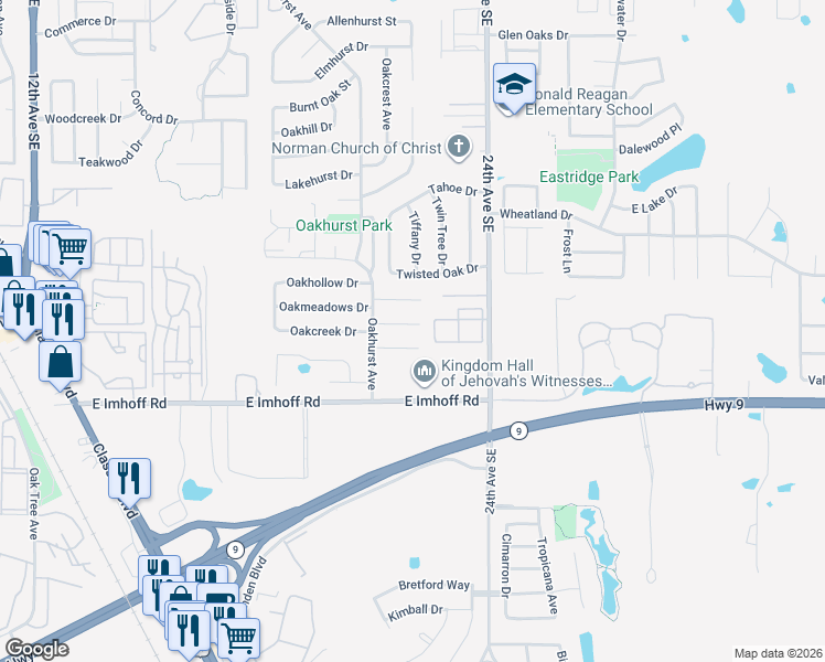 map of restaurants, bars, coffee shops, grocery stores, and more near 2207 Whiteoak Circle in Norman