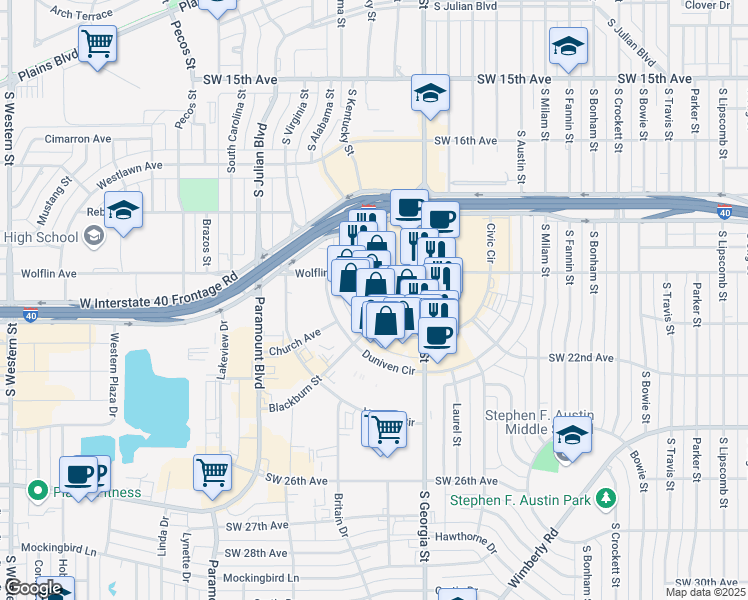 map of restaurants, bars, coffee shops, grocery stores, and more near 2800 Civic Circle in Amarillo