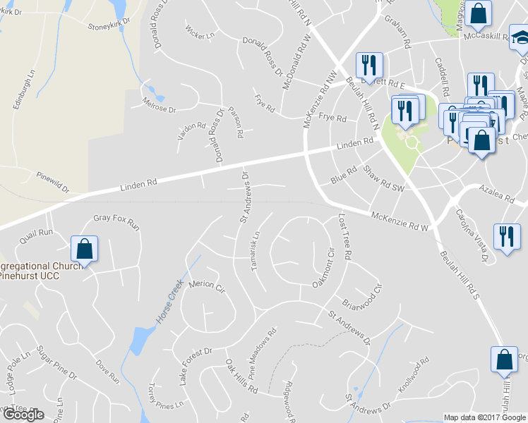 map of restaurants, bars, coffee shops, grocery stores, and more near 25 Tamarisk Lane in Pinehurst