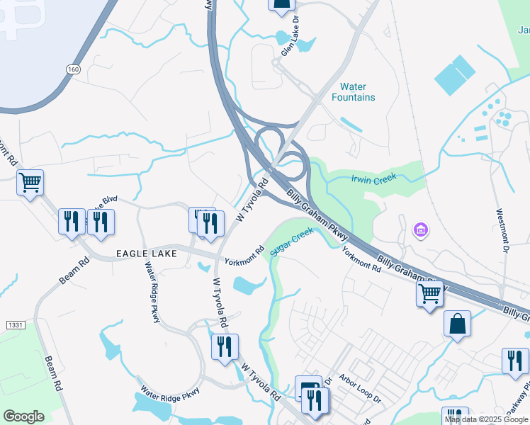 map of restaurants, bars, coffee shops, grocery stores, and more near 2300 Yorkmont Road in Charlotte