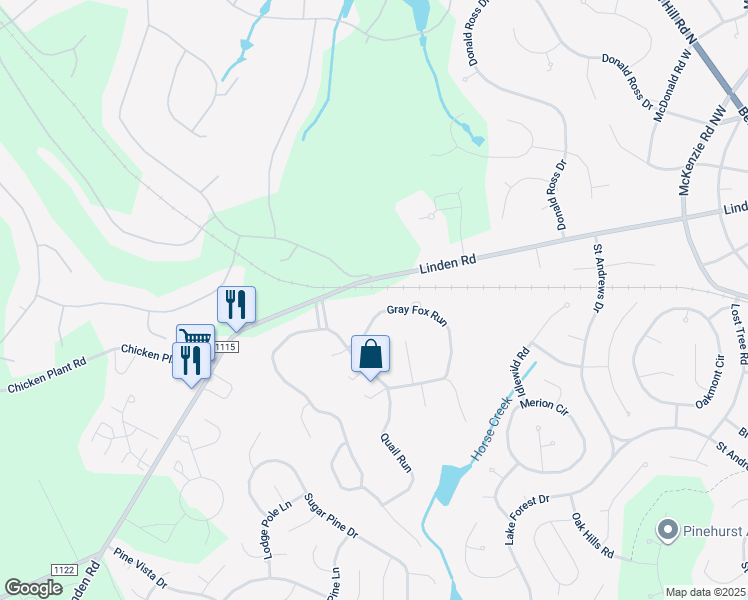 map of restaurants, bars, coffee shops, grocery stores, and more near 35 Gray Fox Run in Pinehurst