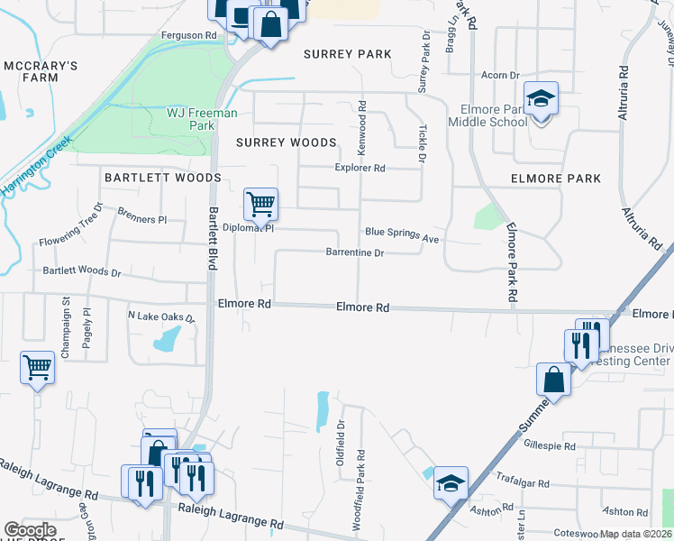 map of restaurants, bars, coffee shops, grocery stores, and more near 2437 Kenwood Lane in Memphis