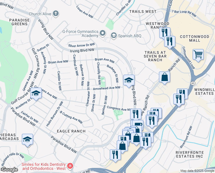 map of restaurants, bars, coffee shops, grocery stores, and more near 9900 Benton Street Northwest in Albuquerque