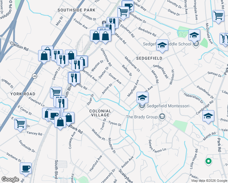 map of restaurants, bars, coffee shops, grocery stores, and more near 420 Hartford Avenue in Charlotte