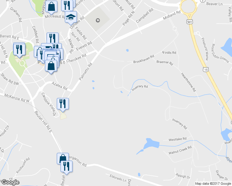 map of restaurants, bars, coffee shops, grocery stores, and more near 280 Inverrary Road in Pinehurst