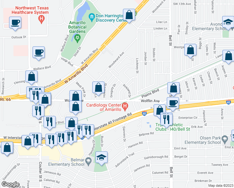 map of restaurants, bars, coffee shops, grocery stores, and more near 1912 Wisdom Drive in Amarillo