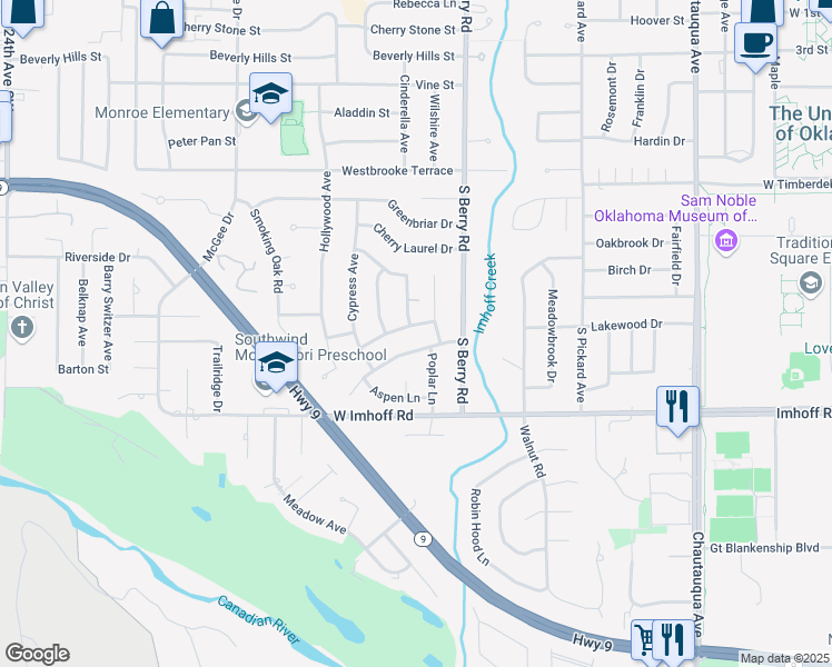 map of restaurants, bars, coffee shops, grocery stores, and more near 1313 Magnolia Street in Norman