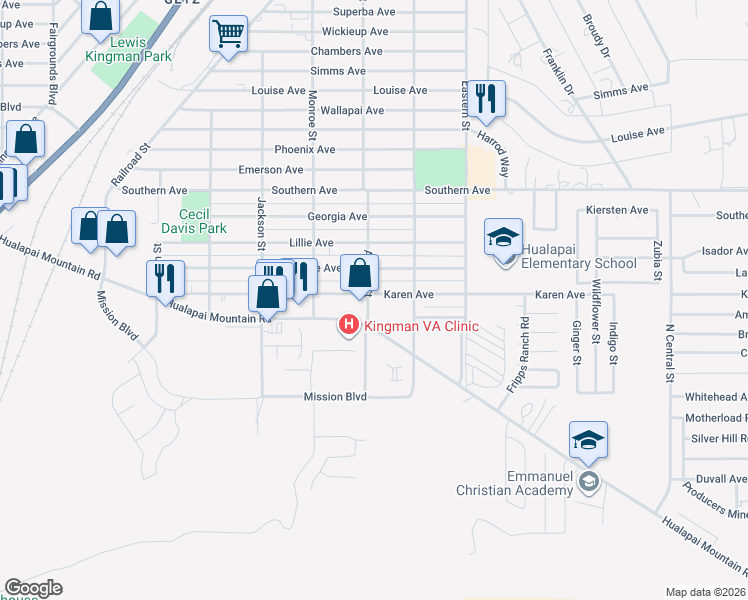 map of restaurants, bars, coffee shops, grocery stores, and more near 3633 N Stockton Hill Rd in Kingman
