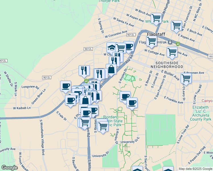 map of restaurants, bars, coffee shops, grocery stores, and more near 706 South Milton Road in Flagstaff
