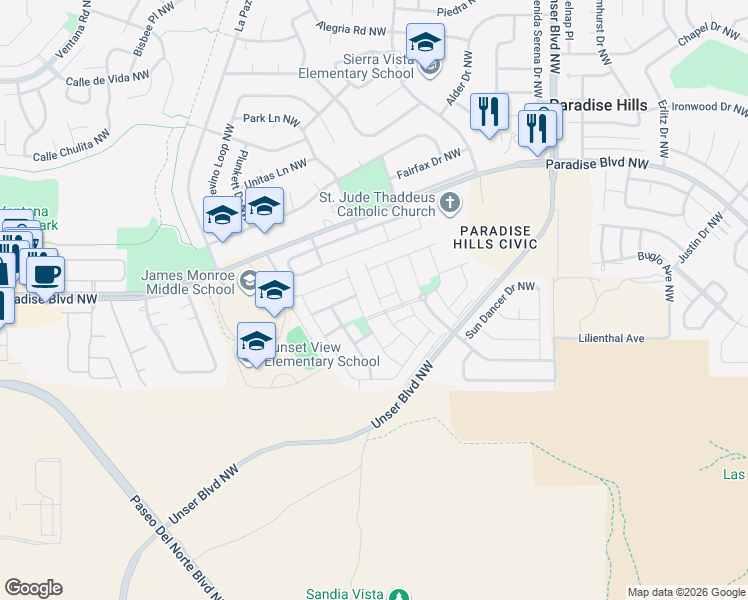 map of restaurants, bars, coffee shops, grocery stores, and more near 9601 Andesite Drive Northwest in Albuquerque