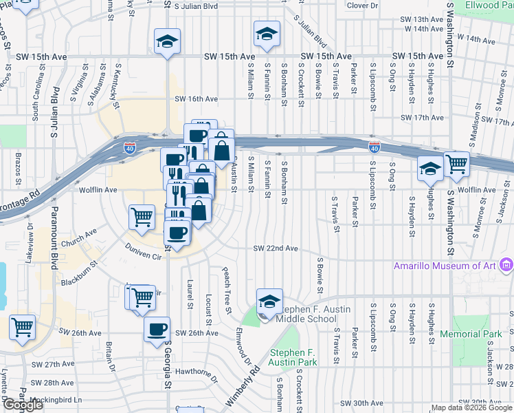 map of restaurants, bars, coffee shops, grocery stores, and more near 2014 South Fannin Street in Amarillo